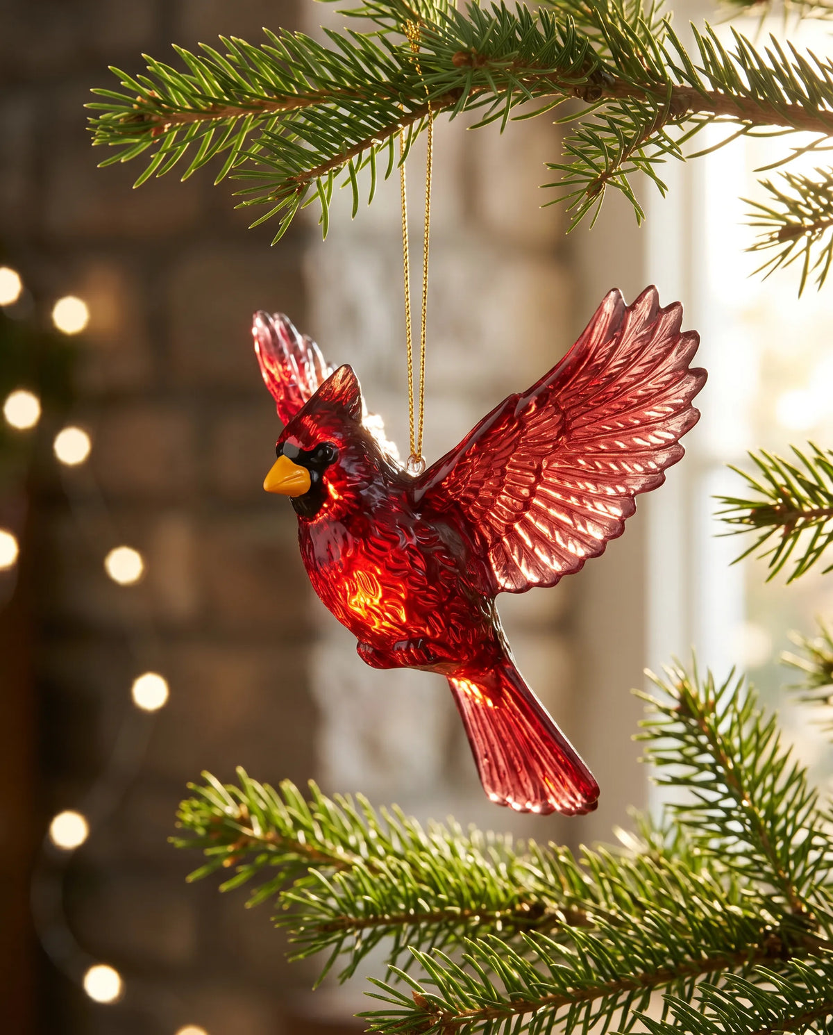 Rosalind's cast-crystal cardinal hanging on a Christmas tree branch