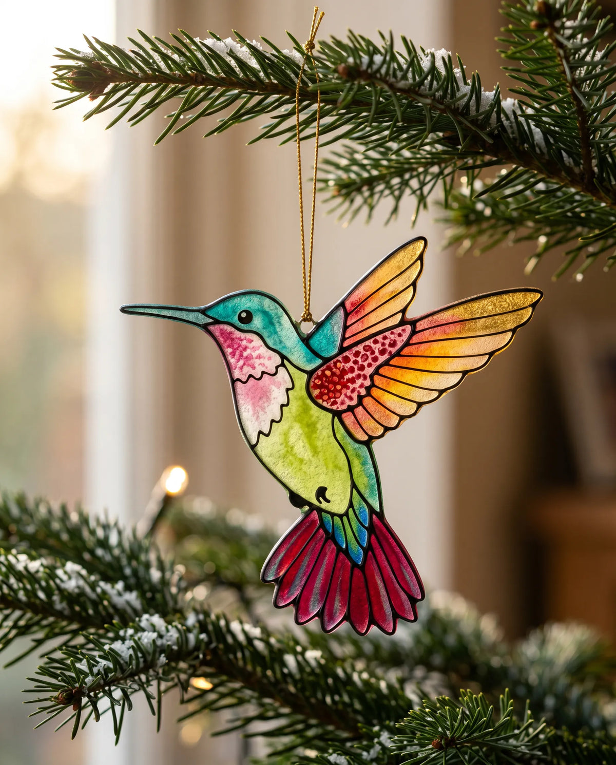 Gareth's pâte de verre hummingbird ornament hanging on an evergreen Christmas-tree branch in afternoon winter sun