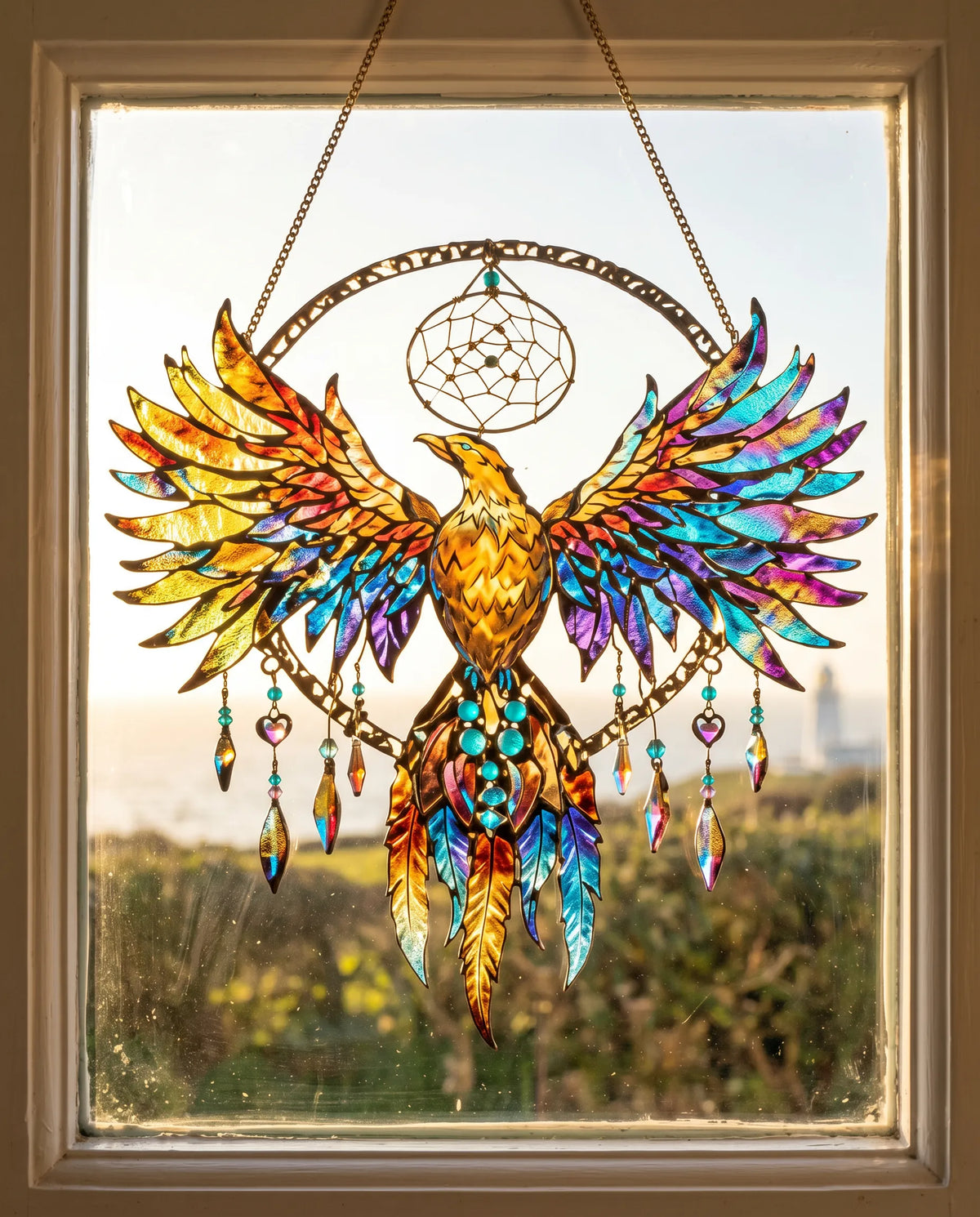 Bronwen's phoenix dreamcatcher hanging in a sunlit window