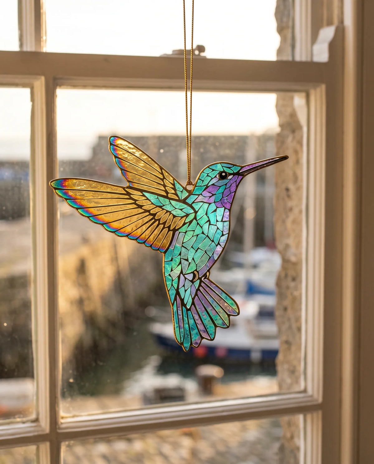 Iridescent hummingbird hanging in a sunlit Welsh harbour window