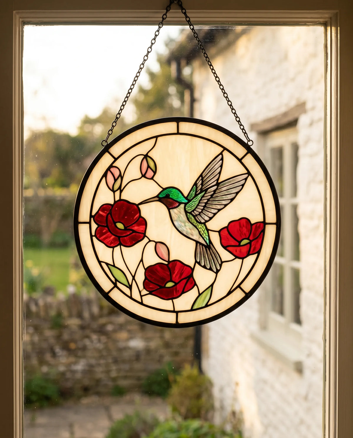 Edmund's hummingbird-and-poppy round panel hanging in a sunlit Cotswolds-cottage window, the cream cathedral glass warm and the red poppies glowing