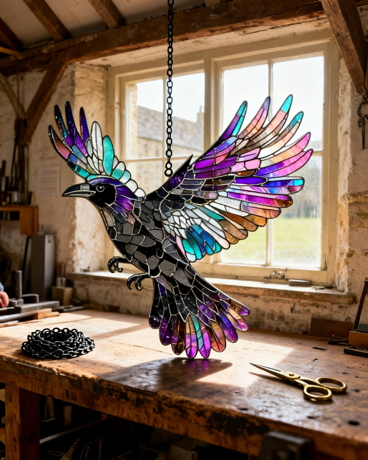 Mystic Raven iridescent stained-glass suncatcher — final collection from Cyril Whitlock's Stamford workshop