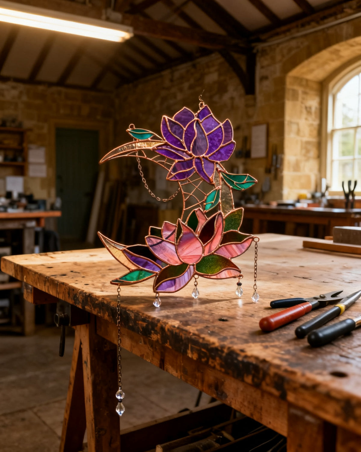 Lotus and Hummingbird Suncatcher Panel — Hyacinth's leaded stained-glass with opaline pink lotus petals