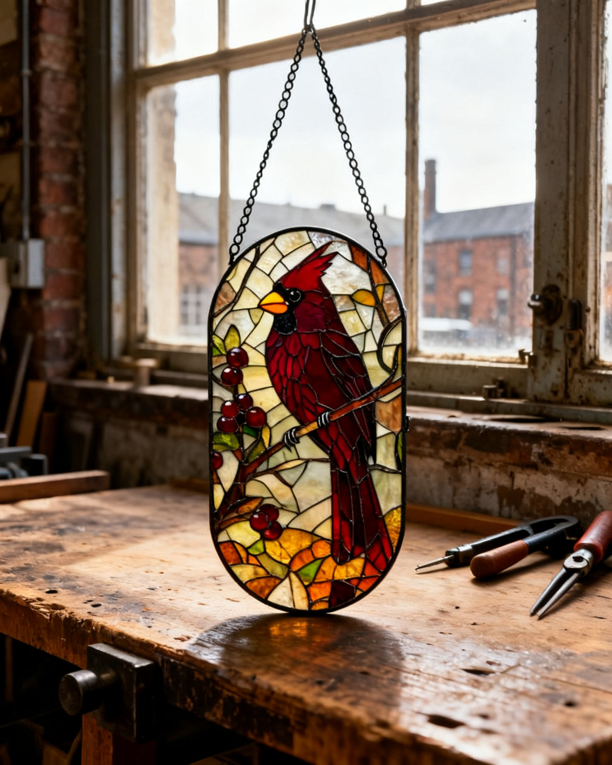 Oval Cardinal Panel — Wilfred's leaded cardinal on 1996 Hartley Wood end-of-day glass background