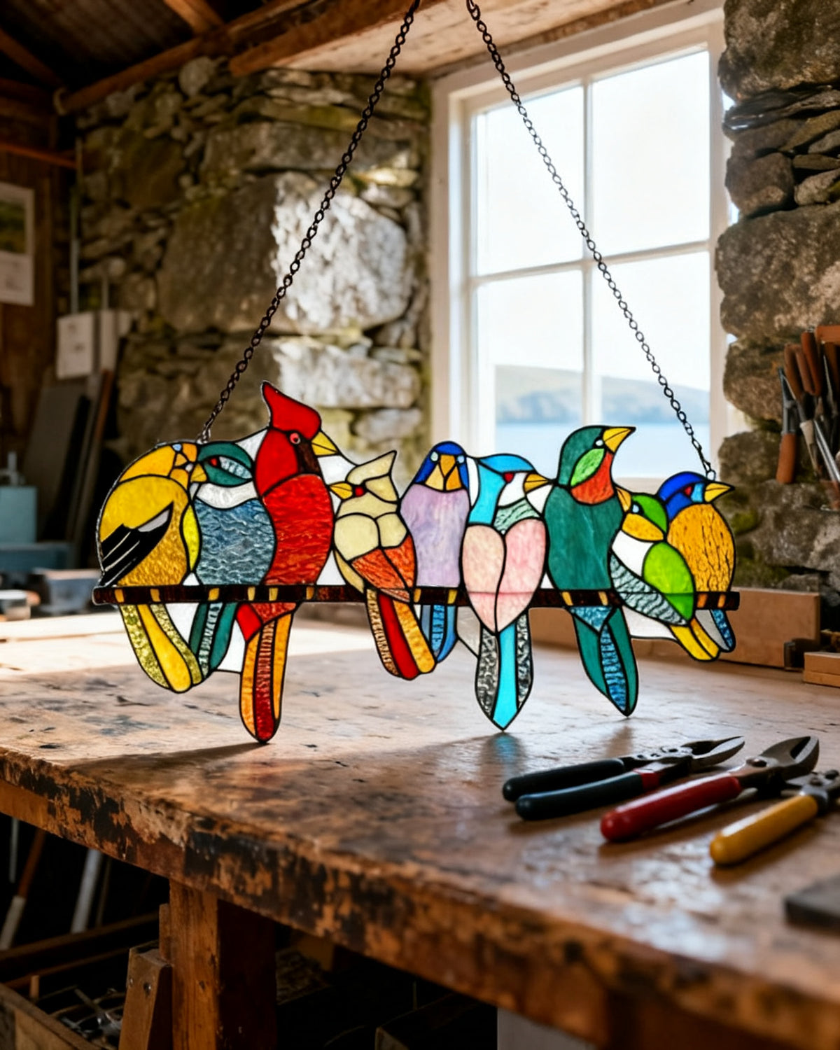 Seven-songbird gold-glass panel — Bertram's Dunoon Argyll workshop final batch