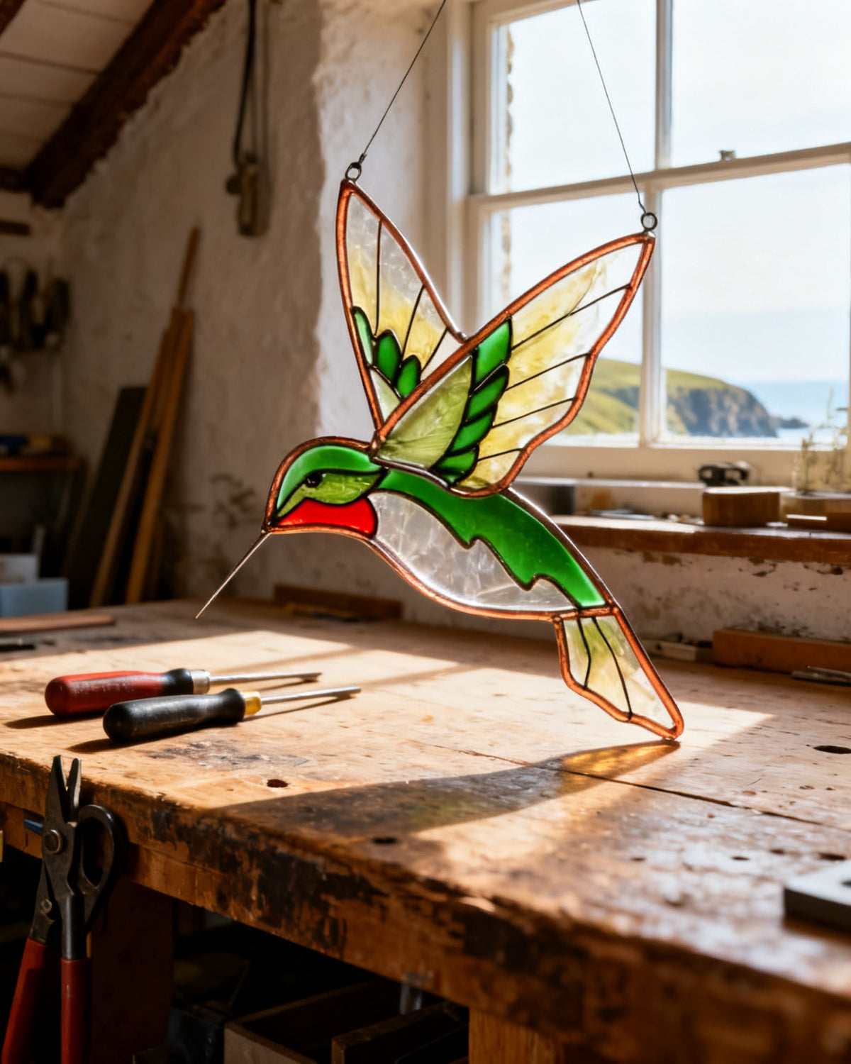 Emerald Hummingbird — Olwen's hand-engraved cameo glass design with leaf-vein detail carved through layered green-and-cream blank