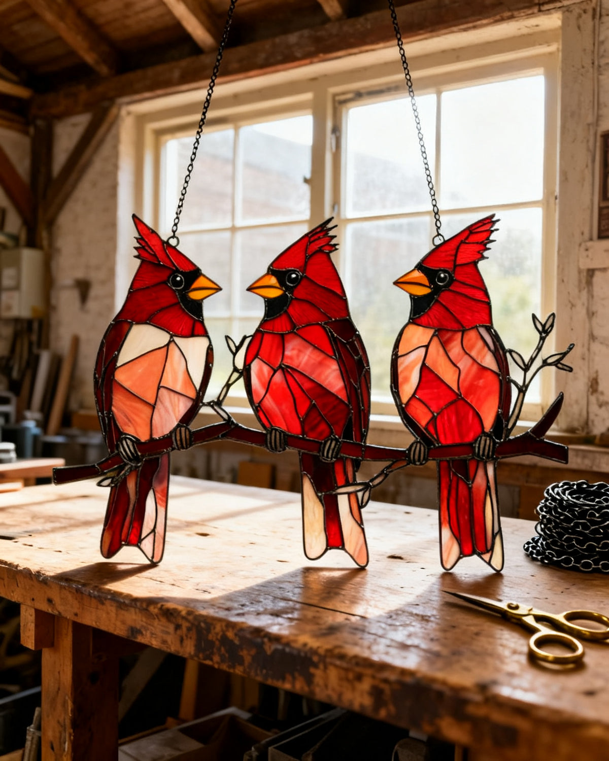 Three red cardinals on branch suncatcher — ruby-flashed cathedral glass from Cedric Hollingberry's Beverley workshop