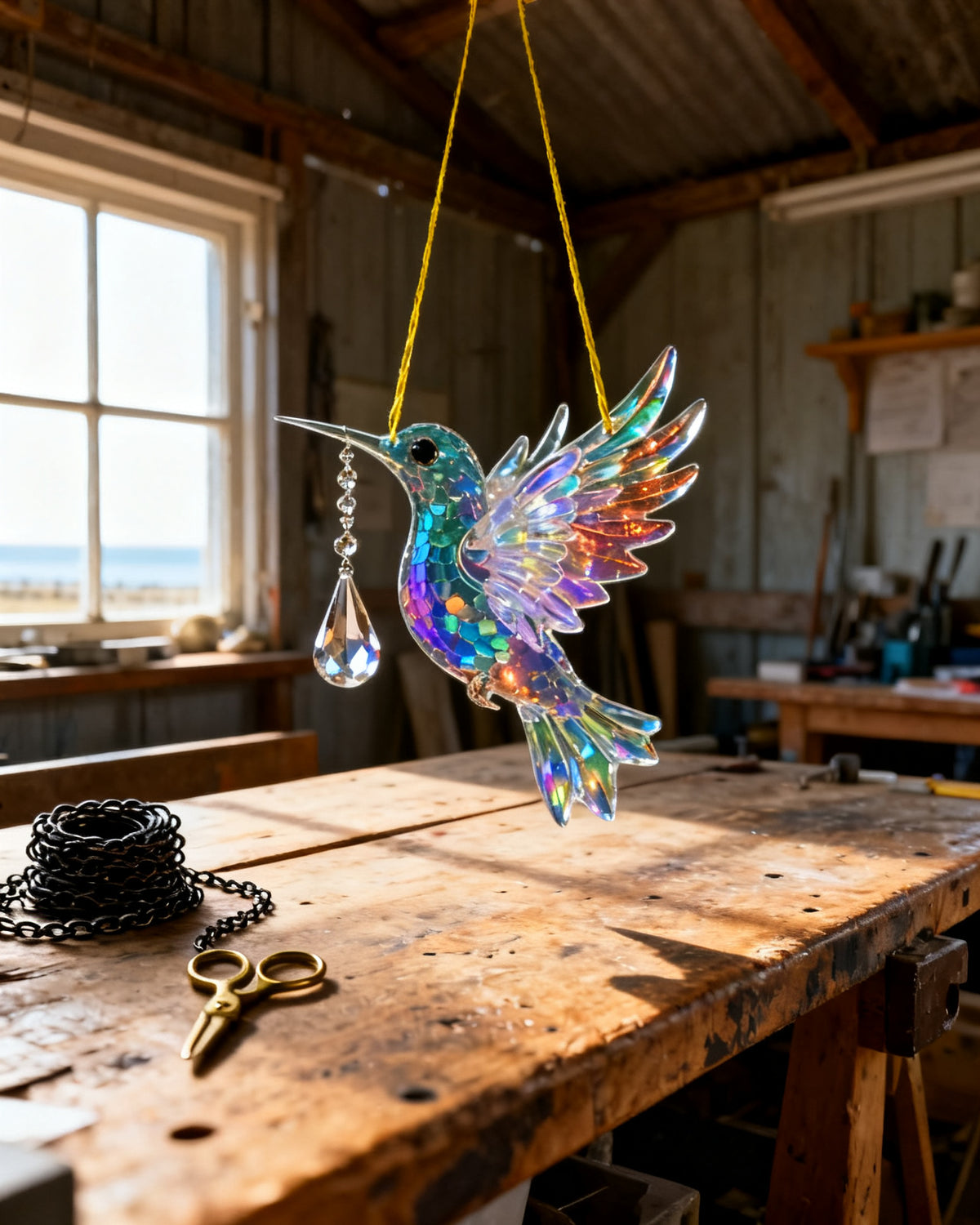 Crystal Hummingbird with Prism Drop — designed against authentic Murano aventurine from Florence Marlowe's Whitstable workshop