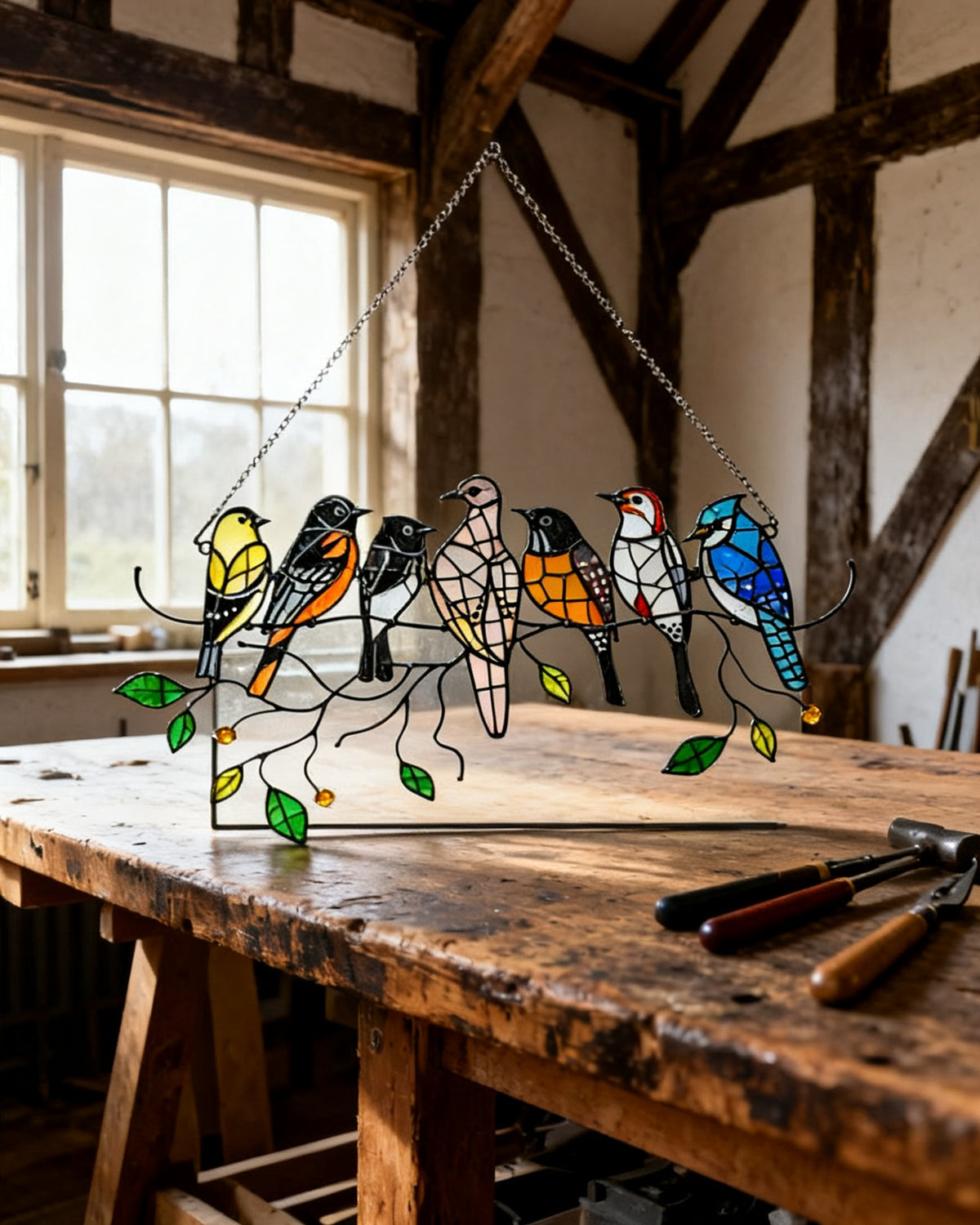 Songbird Septet — Clarissa's reticello panel with 7 British songbirds on iron-wire branch