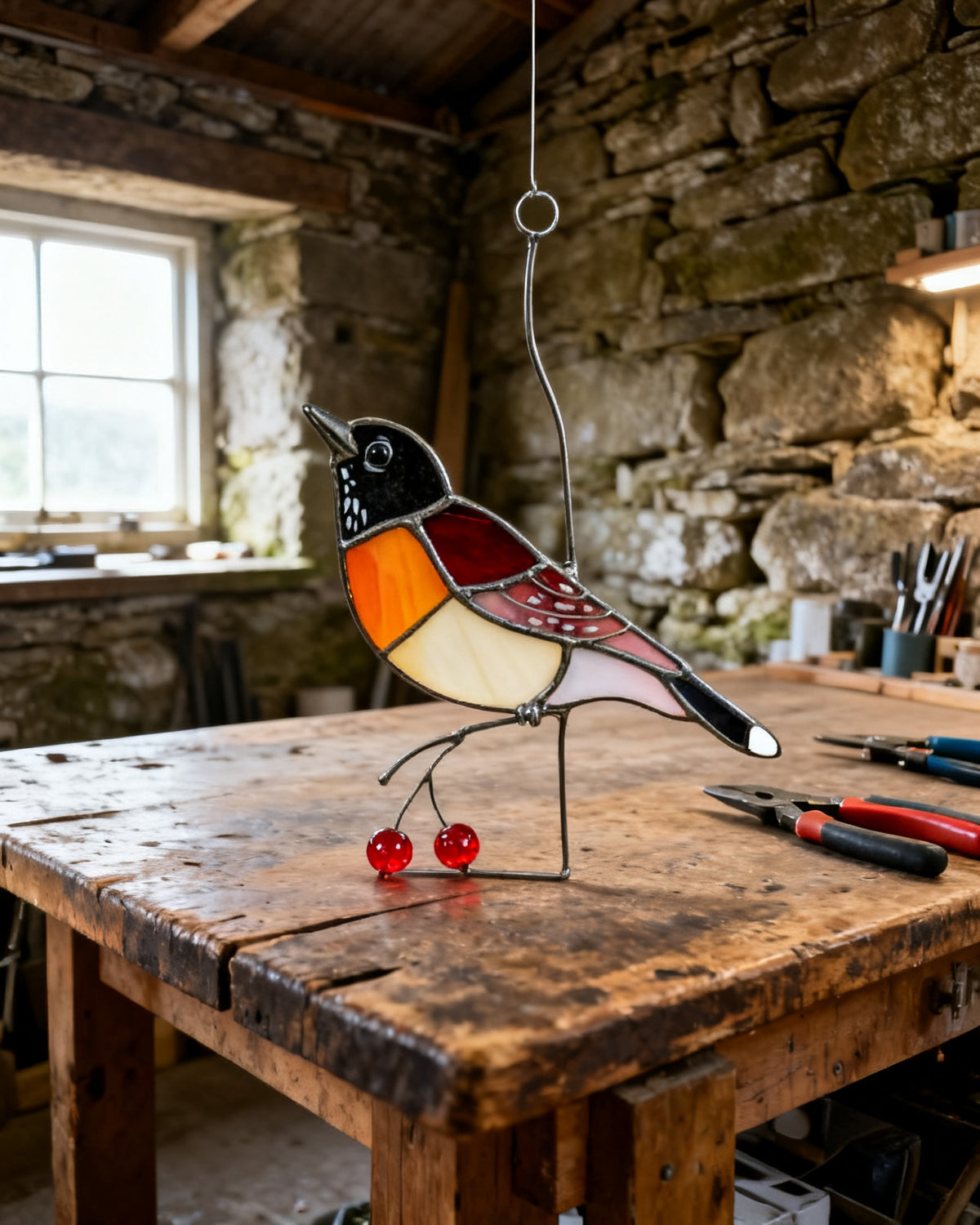 Orange-Breasted Robin — Albert's silver-stained leaded glass on hand-forged iron-wire branch with red berries