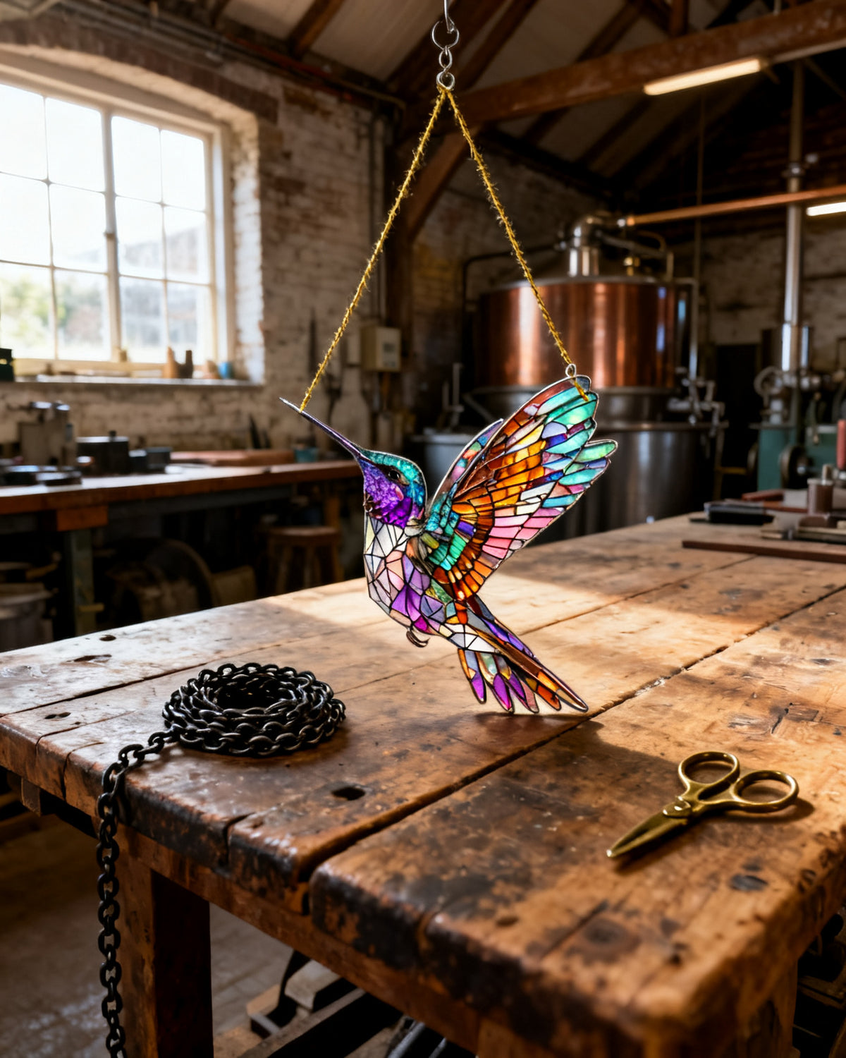 Iridescent prismatic hummingbird suncatcher — designed against authentic Murano millefiori canes