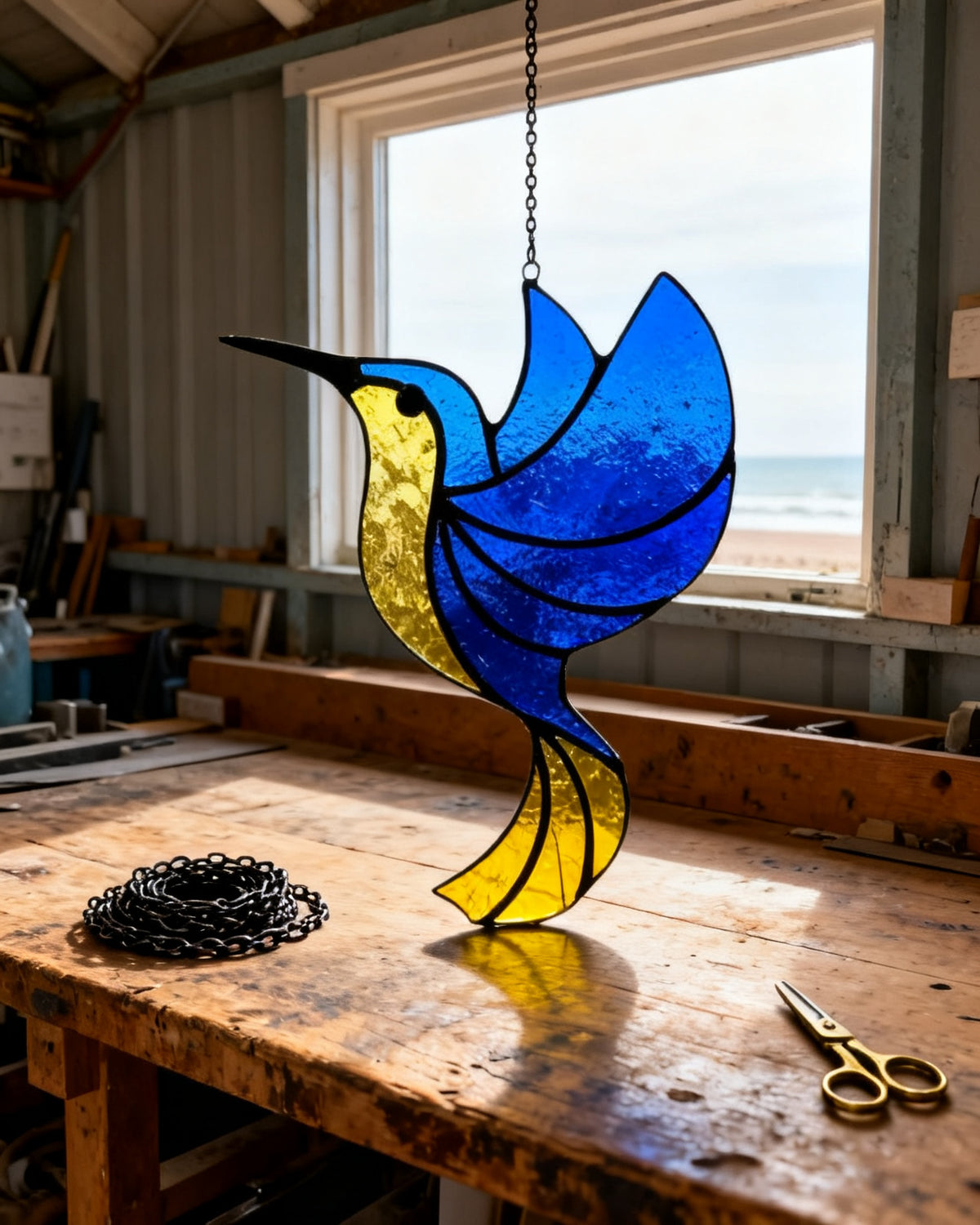 Cobalt-and-Sunshine Hummingbird — heritage uranium-yellow and Chartres cobalt from Harold Brentwood's Burnham-on-Sea lifeboat-house workshop
