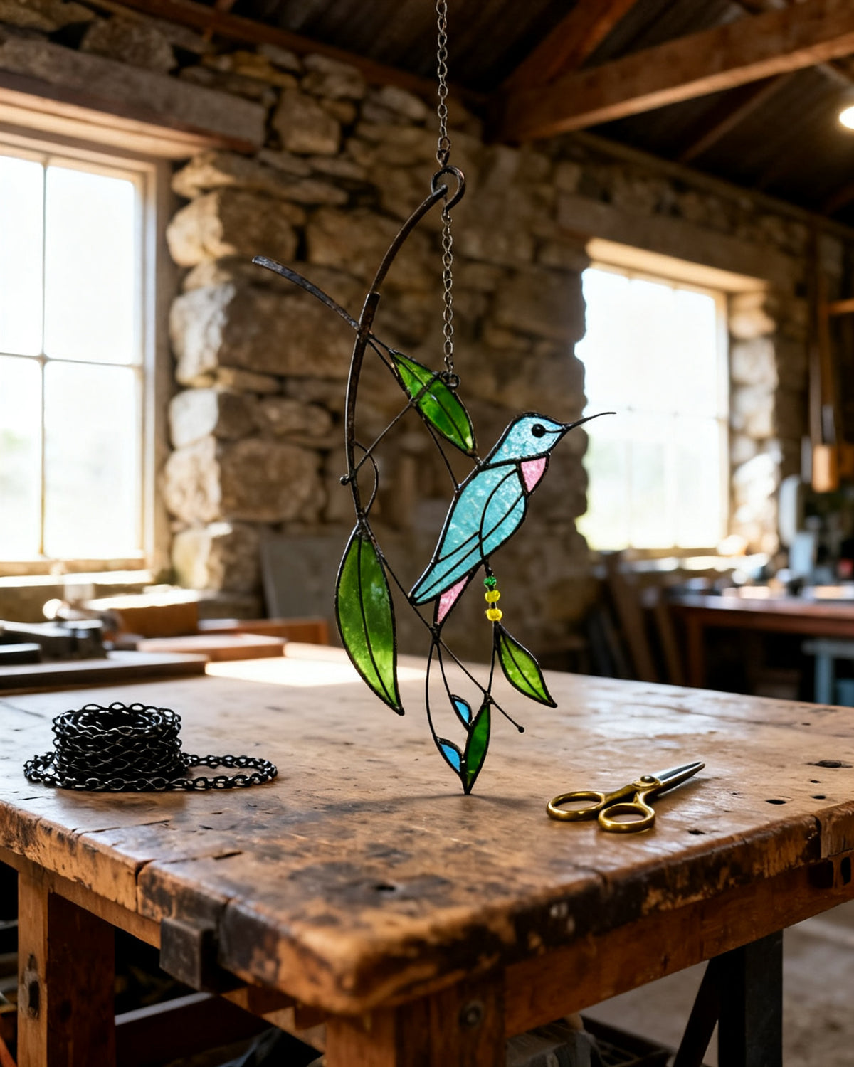 Garden-Vine Hummingbird — real leaded glass on flameworked borosilicate vine from Doreen Sutcliffe's Hebden Bridge barn