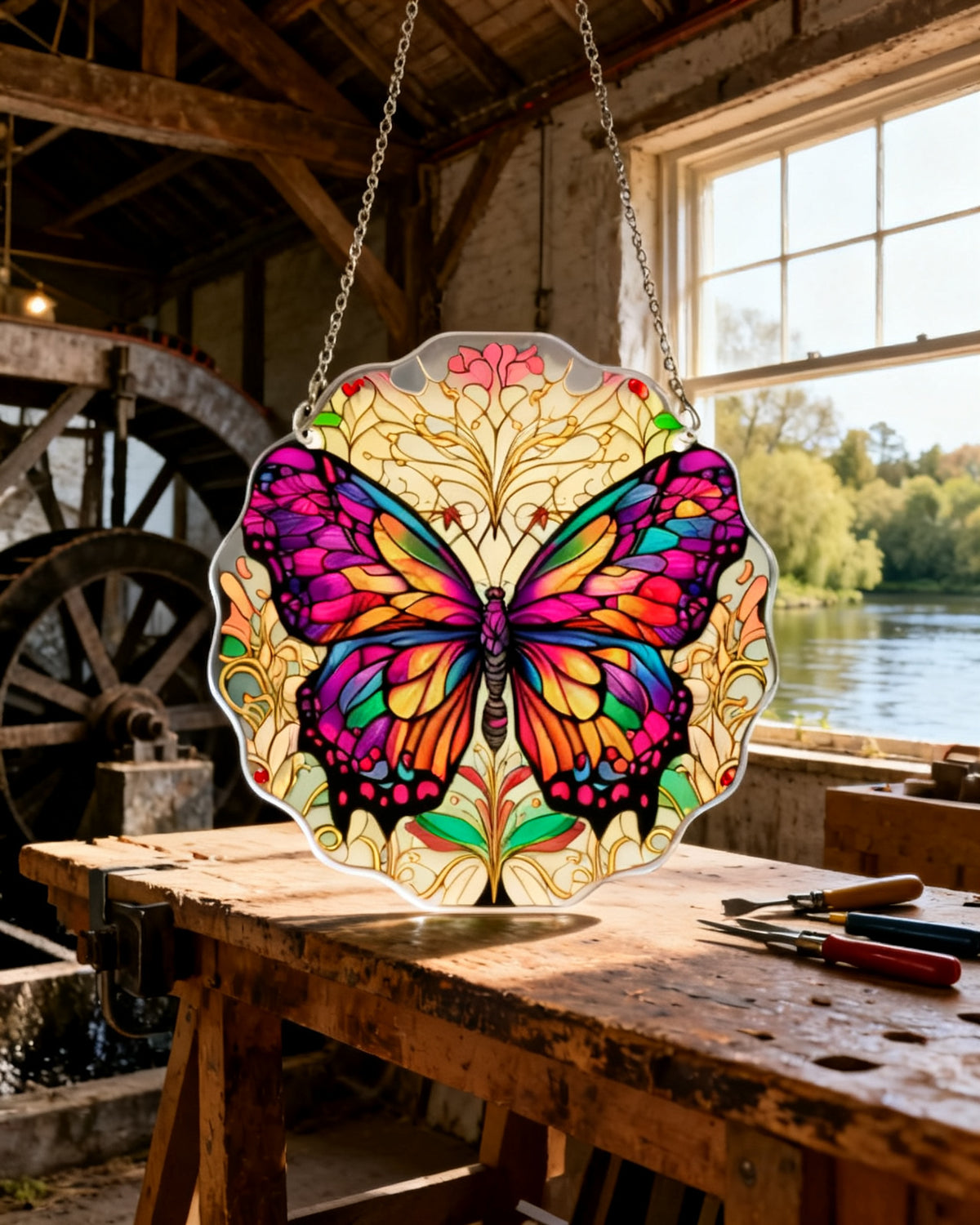 Iridescent Butterfly — Edith's pulled-feather Tiffany design with multi-direction colour shift