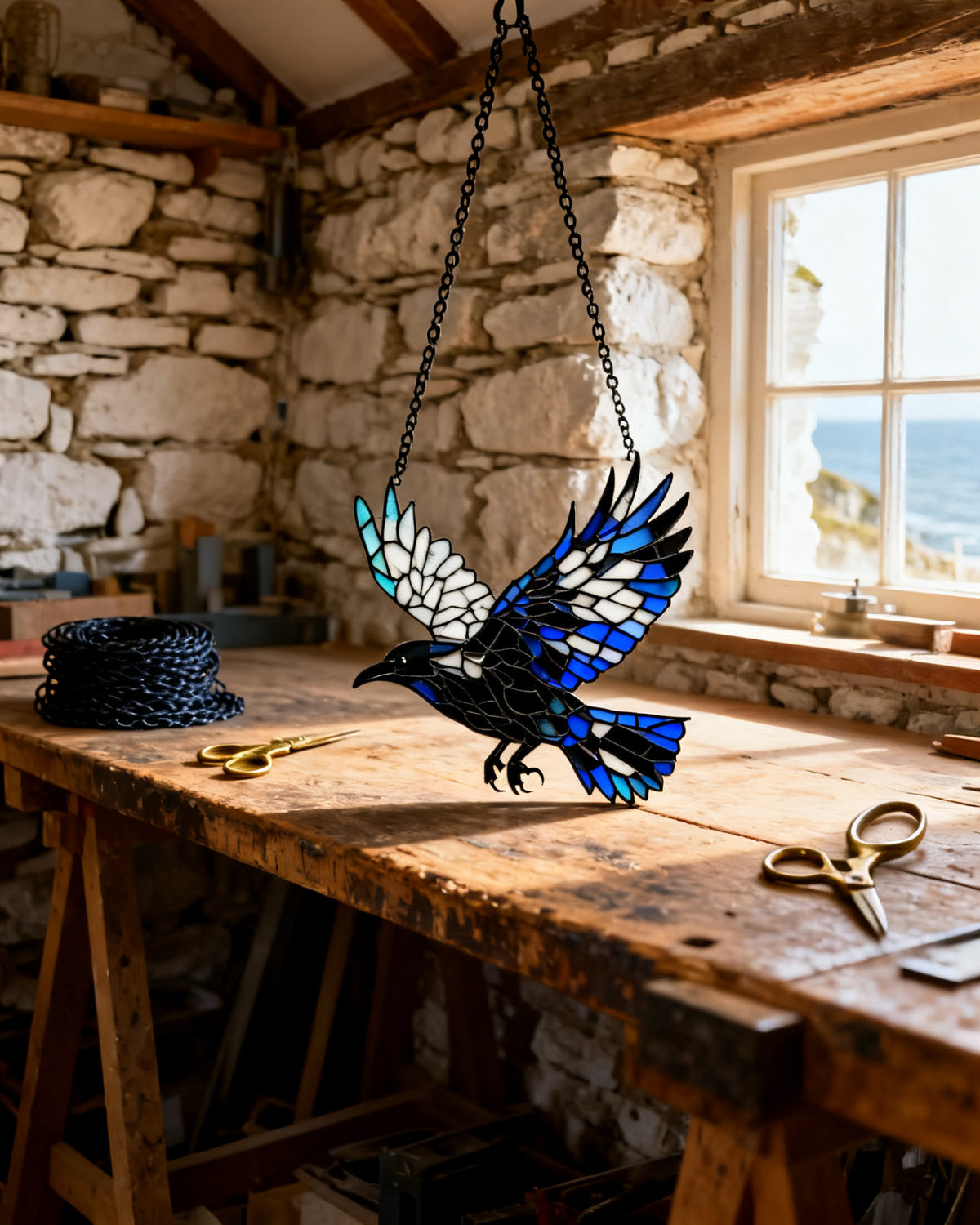 Blue raven in flight suncatcher — 1830s Bohemian lithyalin mineral-glass from Roland Penhaligon's Norfolk cliff workshop