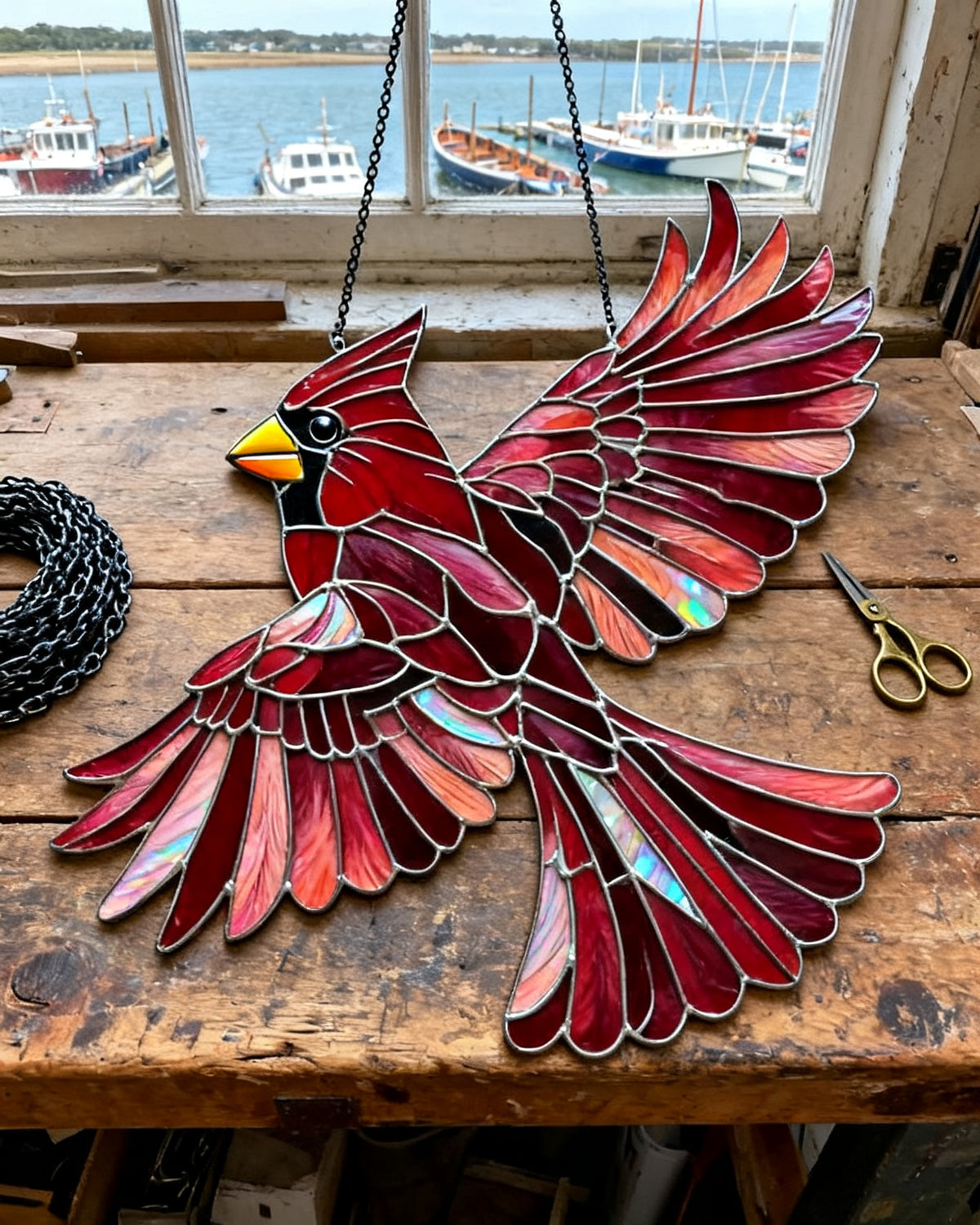 Mystic Cardinal in Flight — final opalescent batch from Frederick Ashbourne's Lymington boat-yard workshop