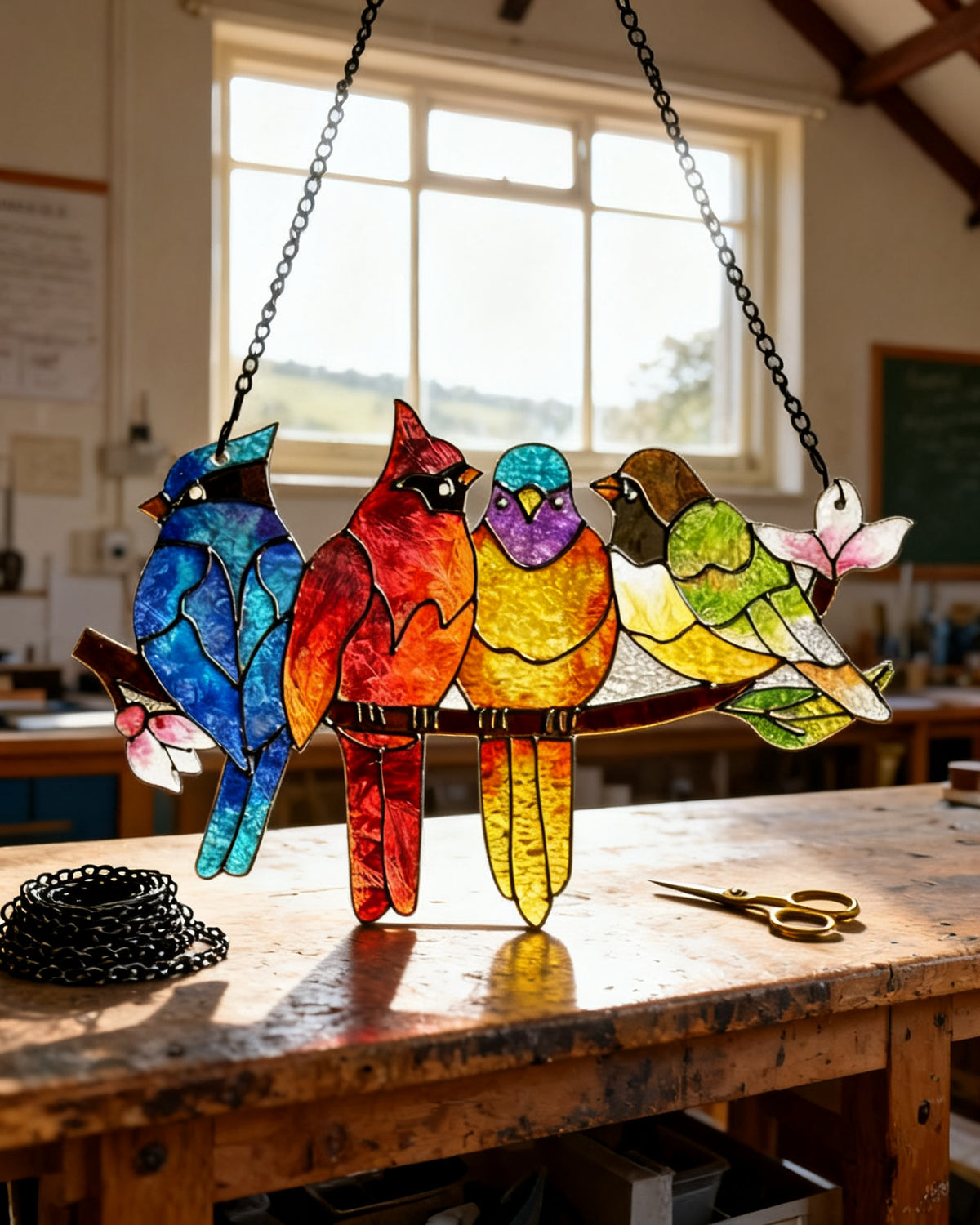 Four songbirds on branch — verre églomisé reverse gold-leaf gilding from Phyllis Carmichael's Lewes workshop