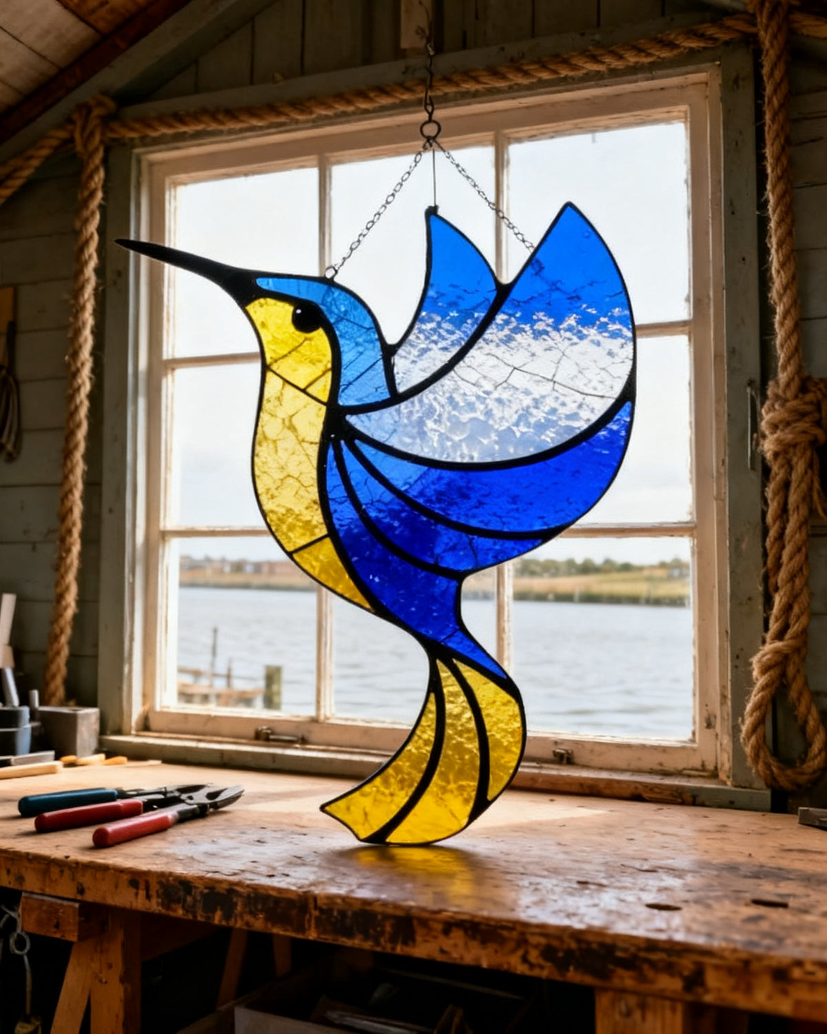 Cobalt and Sun-Tail Hummingbird — Vincent's vermicular reactive glass with milky vein striations through the cobalt