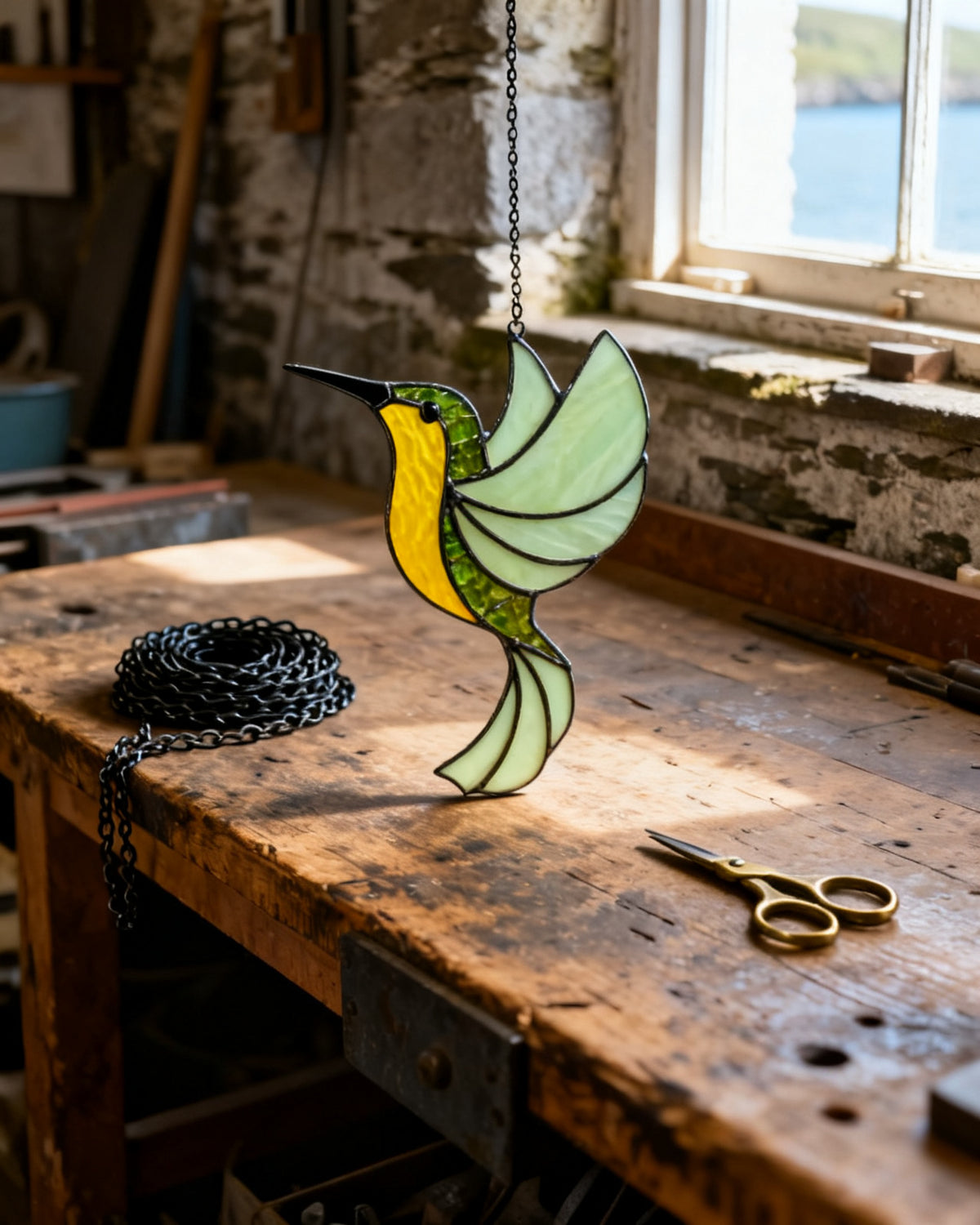 Lime Meadow Hummingbird — fused Bullseye glass from Megan Idris's Conwy harbour workshop