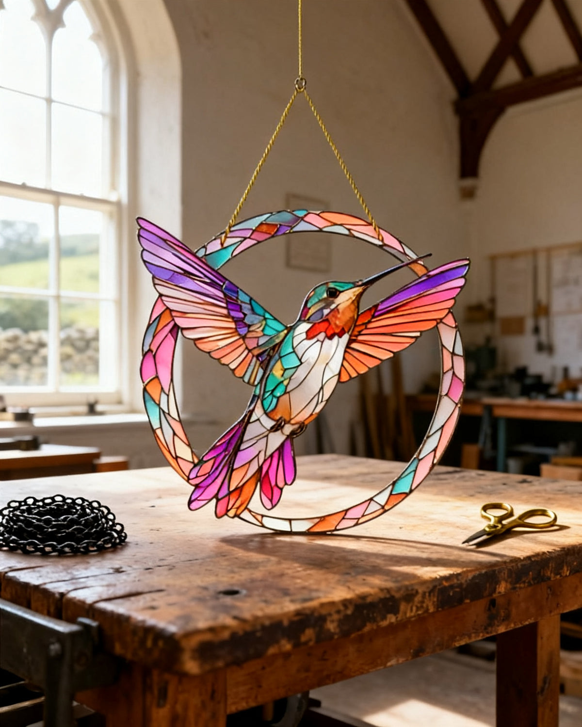 Hummingbird in copper-electroformed wreath suncatcher — grown atom-by-atom in a sulphate bath at Tabitha Rookwood's Skipton vestry