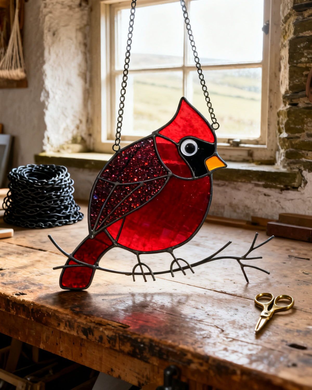 Handmade leaded cardinal stained-glass suncatcher with iron-wire branch armature — final selenium-cadmium ruby batch from Mabel Threadgold's Haworth workshop
