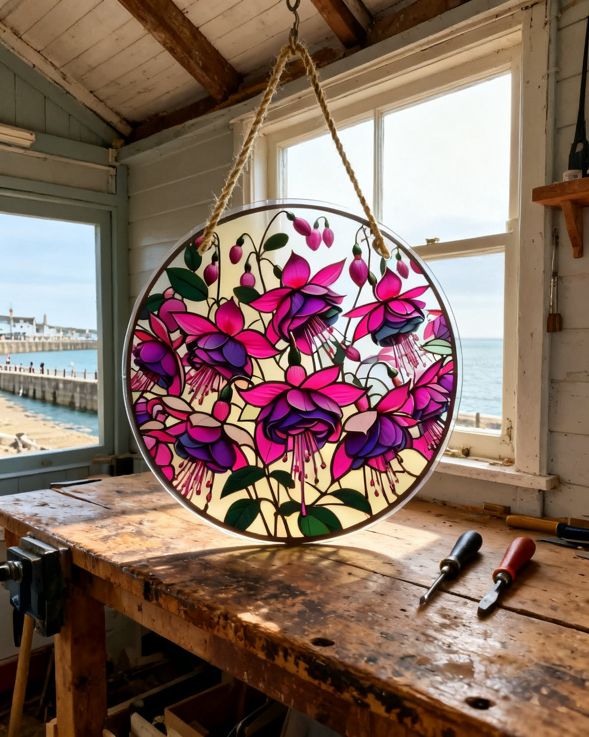 Fuchsia Bloom Garden Panel — Marigold's graal glass design with 1916 Orrefors sandwiched-colour