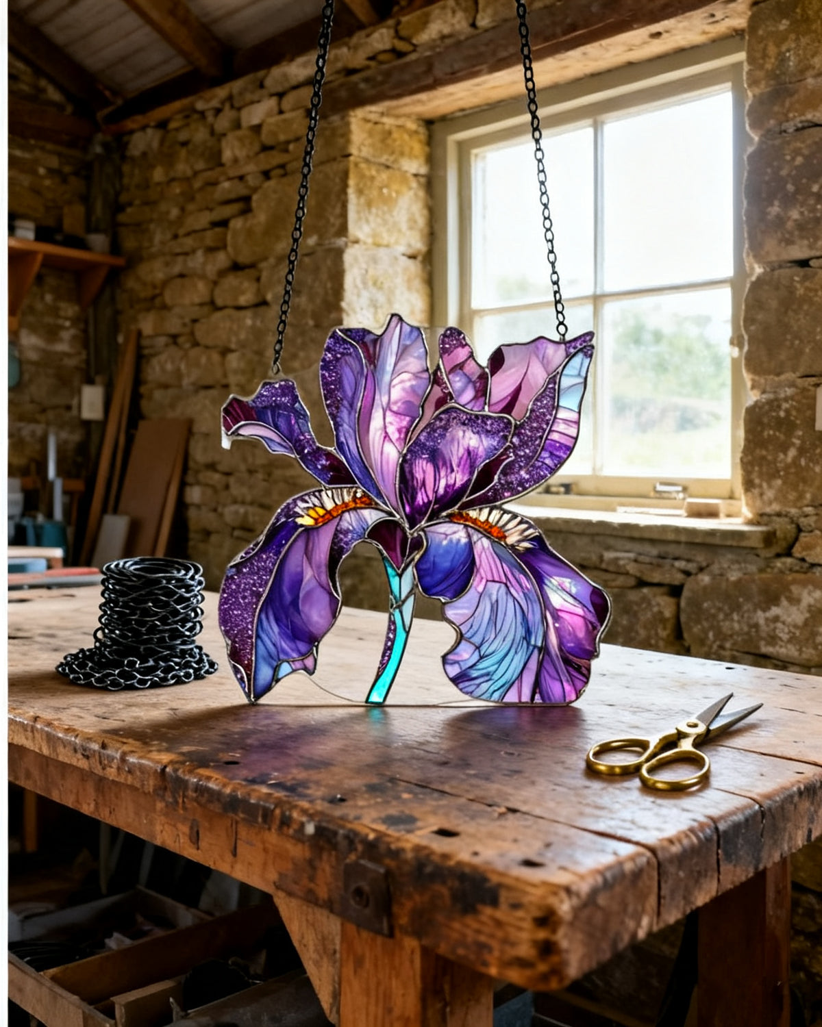 Iris Bloom stained-glass suncatcher — deep amethyst petals with copper-foil sgraffito veining