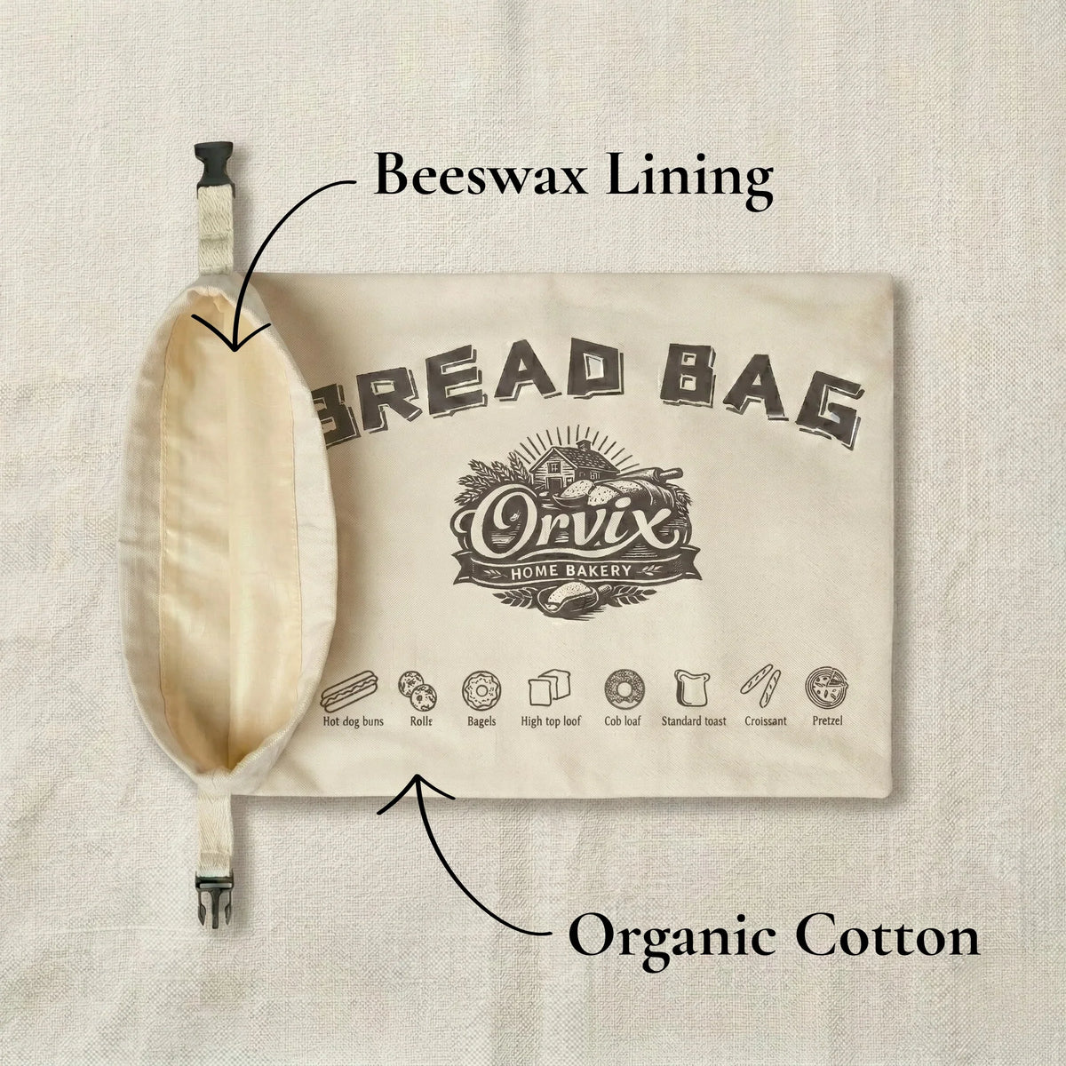 Orvix Cotton-Beeswax Bread Bag — organic cotton outer with triple-infused beeswax lining