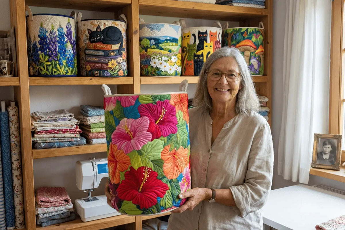 The Craft Barn Quilted Laundry Basket in the Hibiscus Splendor design, held up in a craft workshop