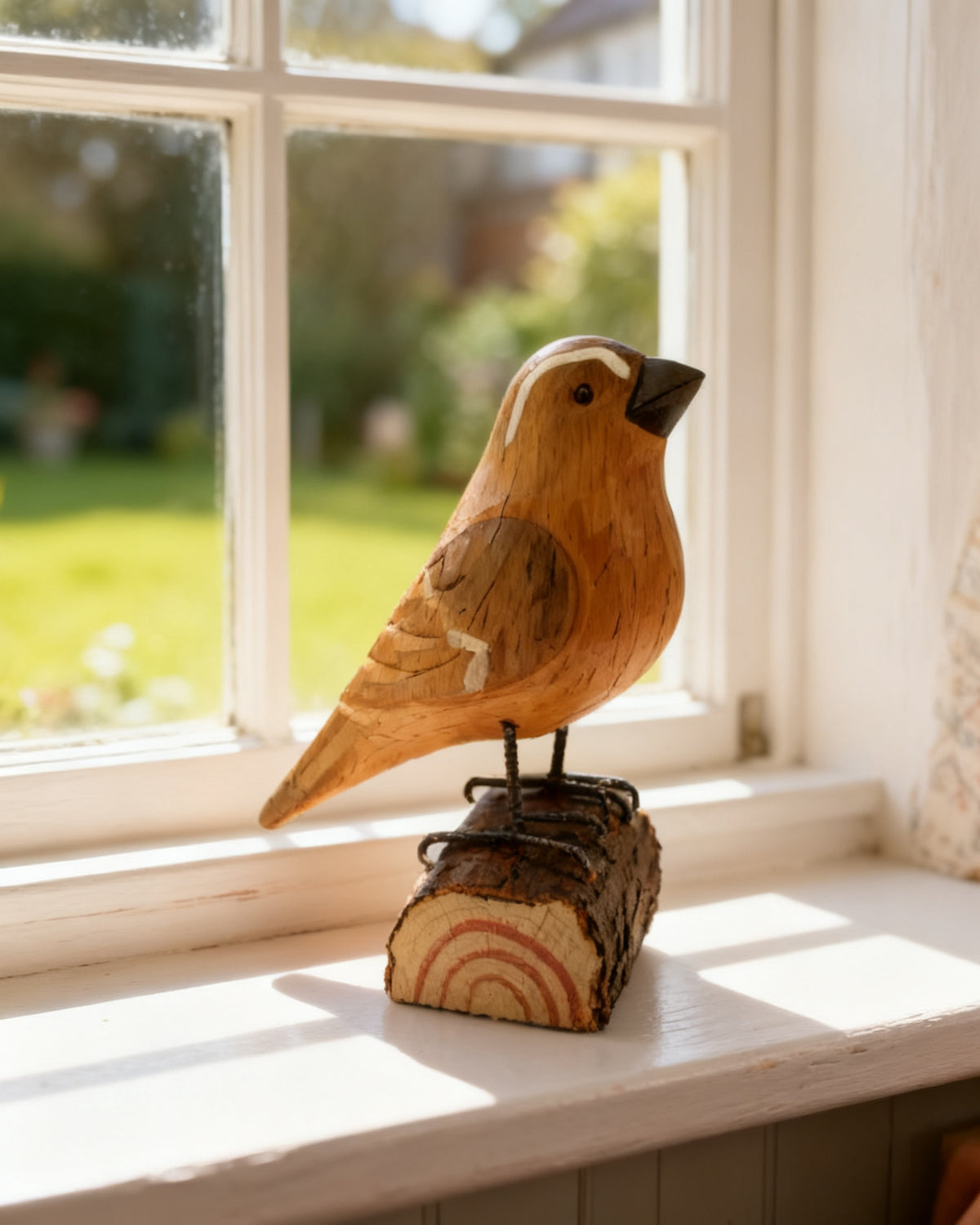 Hand-Carved Finch on a Log