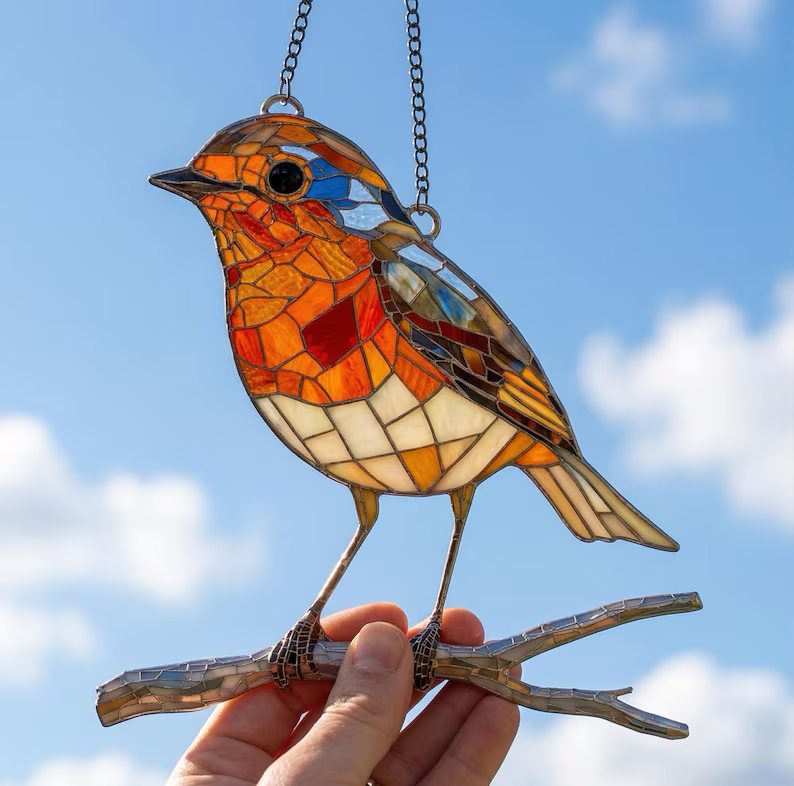 Hand-painted stained-glass robin suncatcher held to the sky