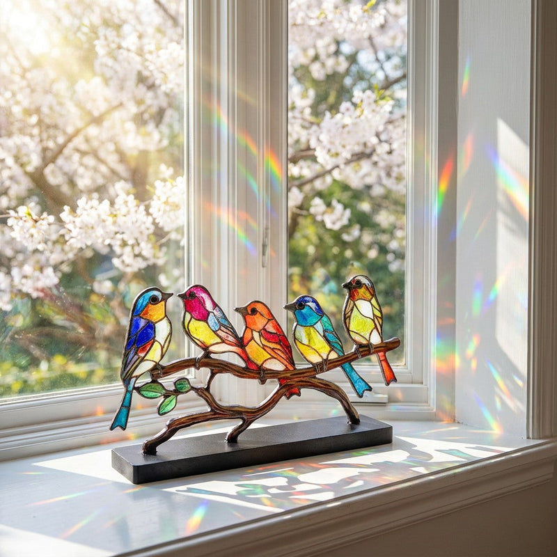 Handmade Stained-Glass Bird Display — five colourful stained-glass birds on a branch, catching window light