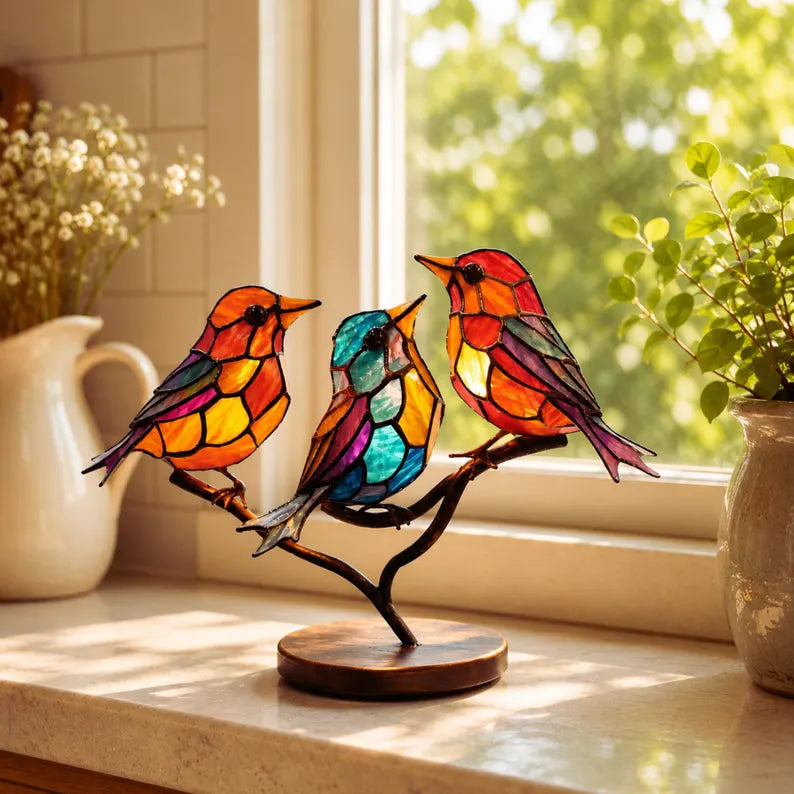 Margaret's stained-glass songbird trio on a wooden surface