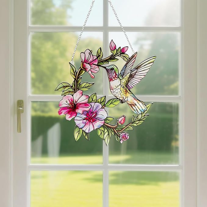 Frances's kiln-painted hummingbird & hibiscus suncatcher