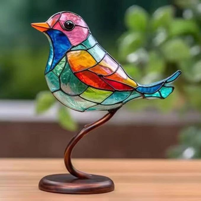 Henry's stained-glass songbird on a copper foot and walnut base