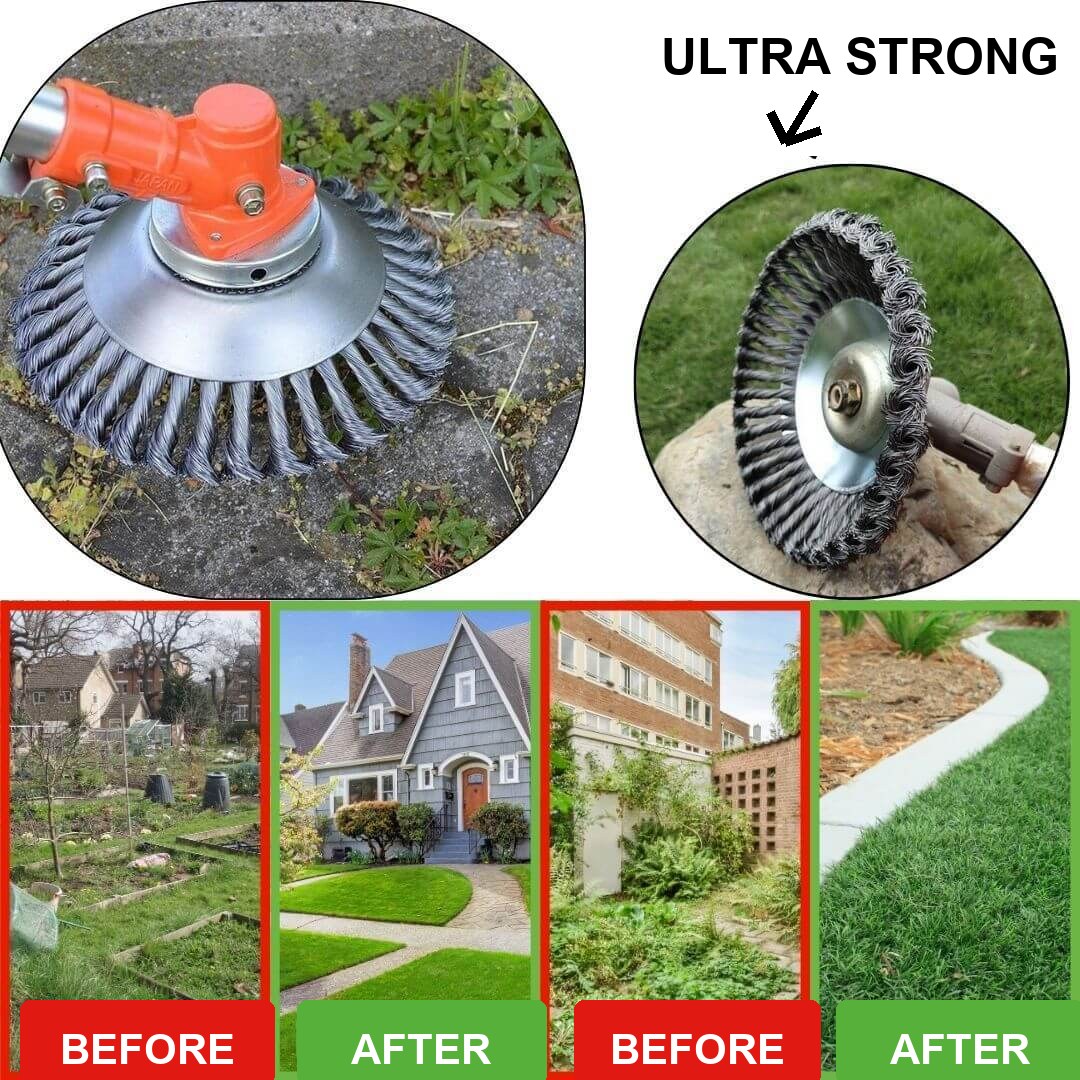 ProfiTrim Steel Wire Trimmer Head — before-and-after results on weeds and overgrowth