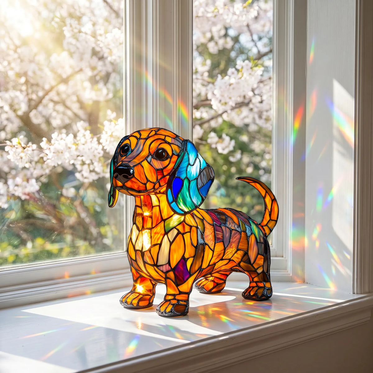 Handmade Stained-Glass Dog Display on a sunlit windowsill