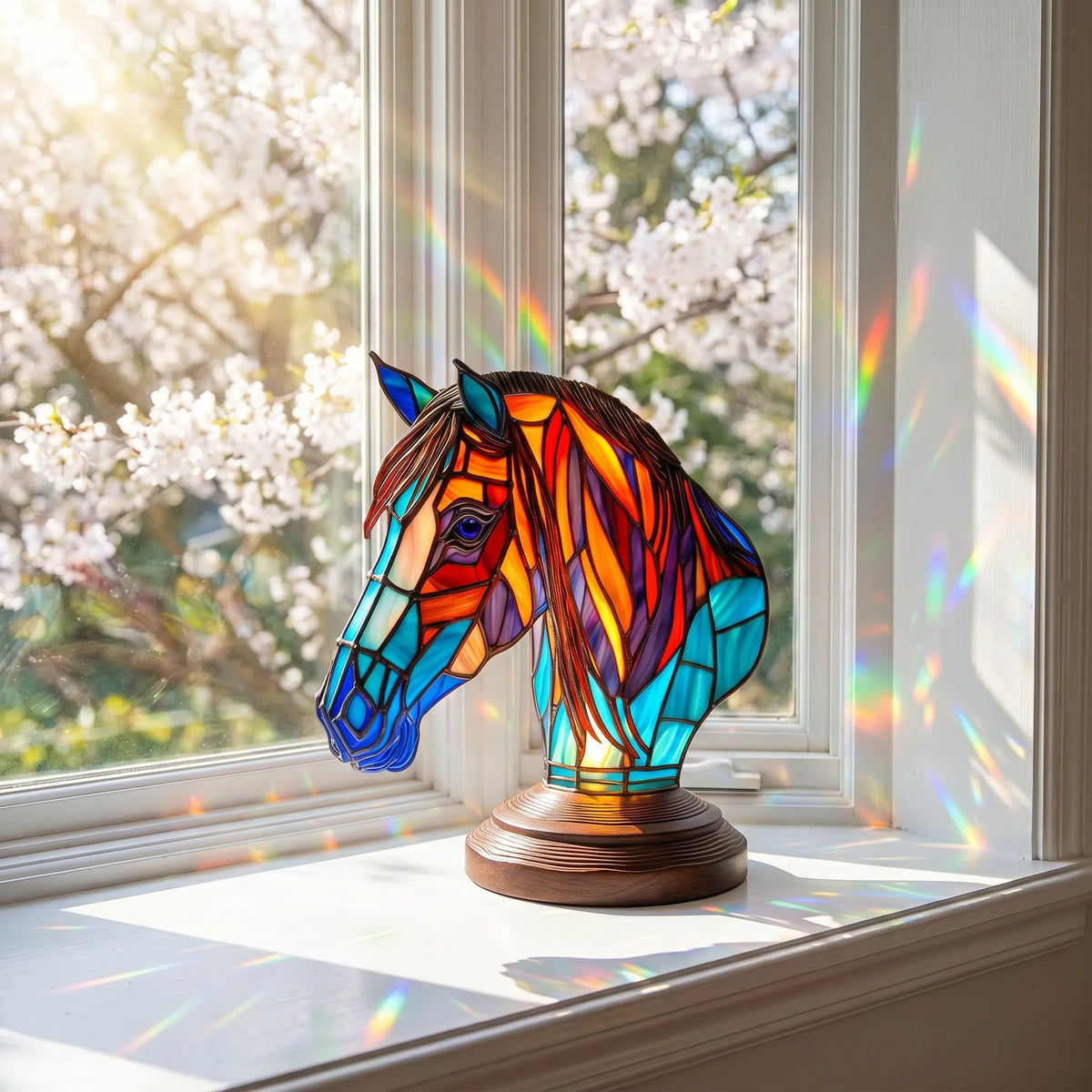 Handmade Stained-Glass Horse Display on a sunlit windowsill