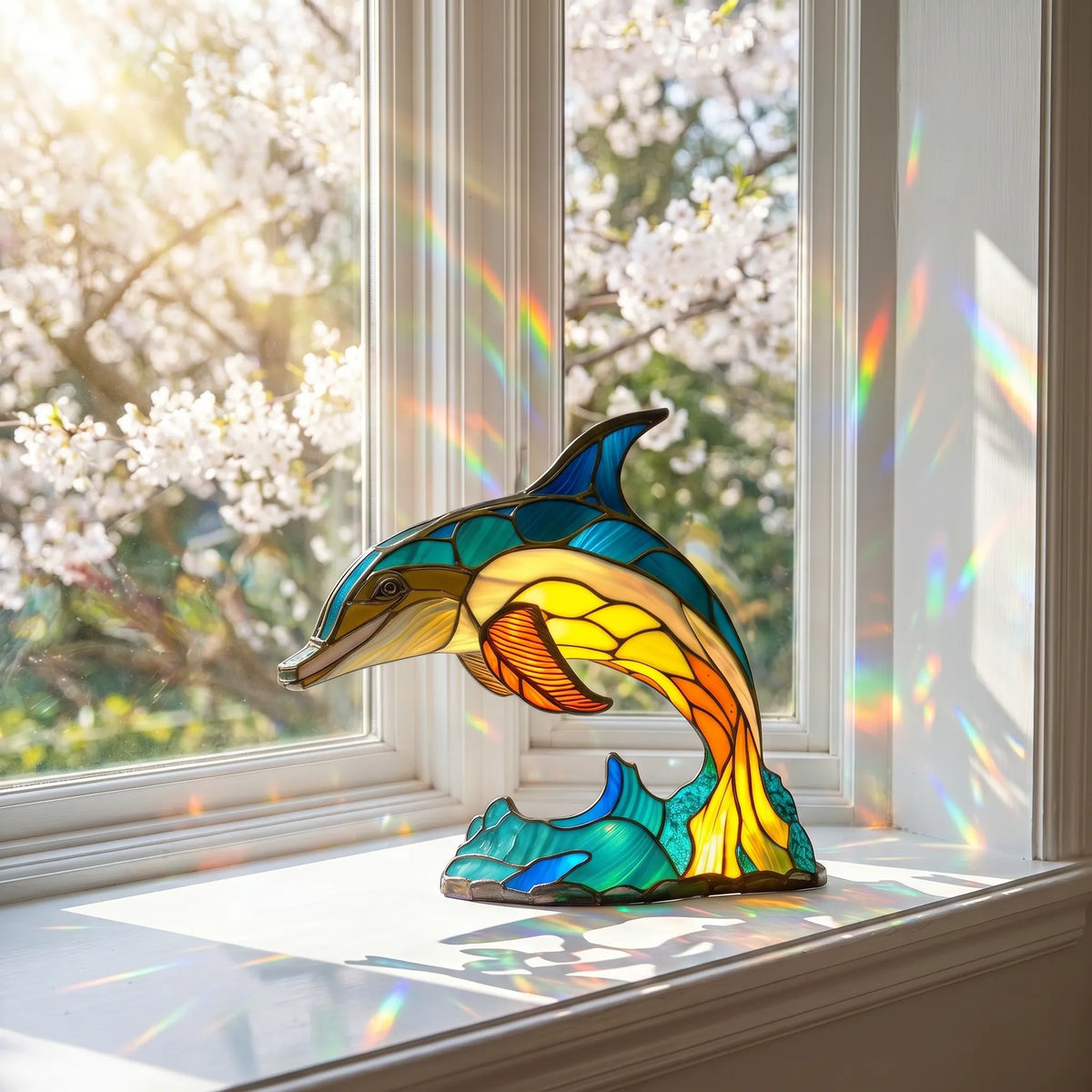 Handmade Stained-Glass Dolphin Display on a sunlit windowsill