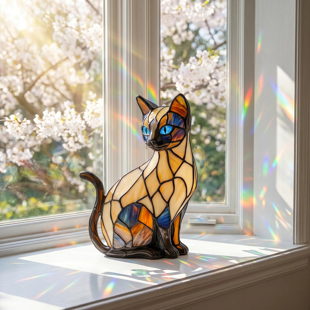 Handmade Stained-Glass Cat Display on a sunlit windowsill