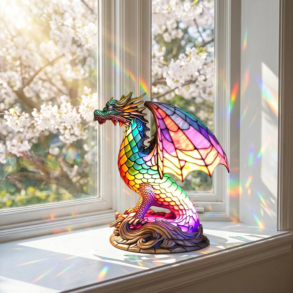 Handmade Stained-Glass Dragon Display on a sunlit windowsill