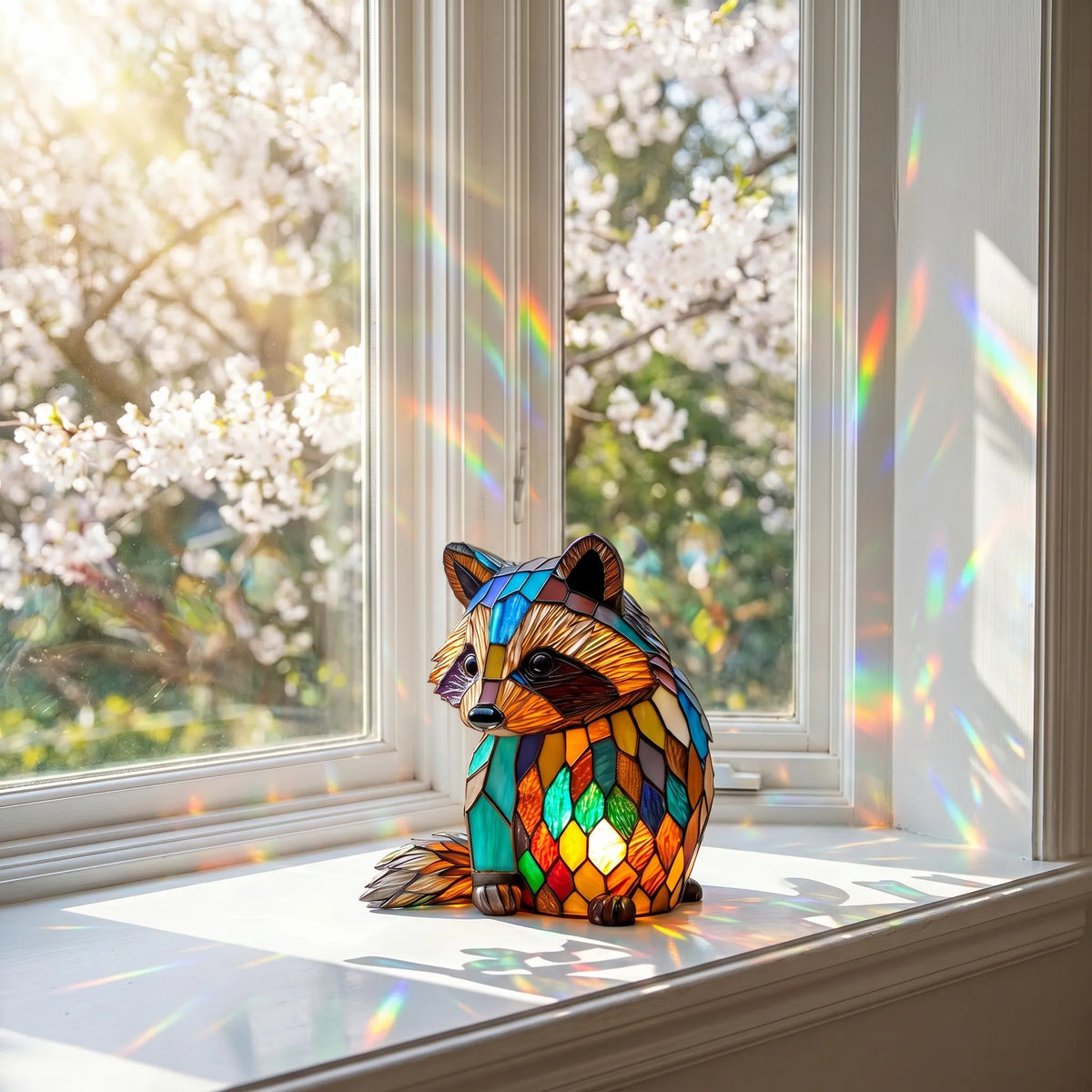 Handmade Stained-Glass Raccoon Display on a sunlit windowsill