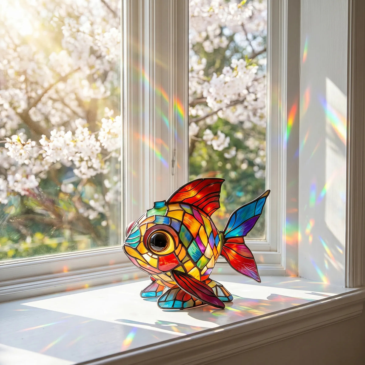 Handmade Stained-Glass Fish Display on a sunlit windowsill