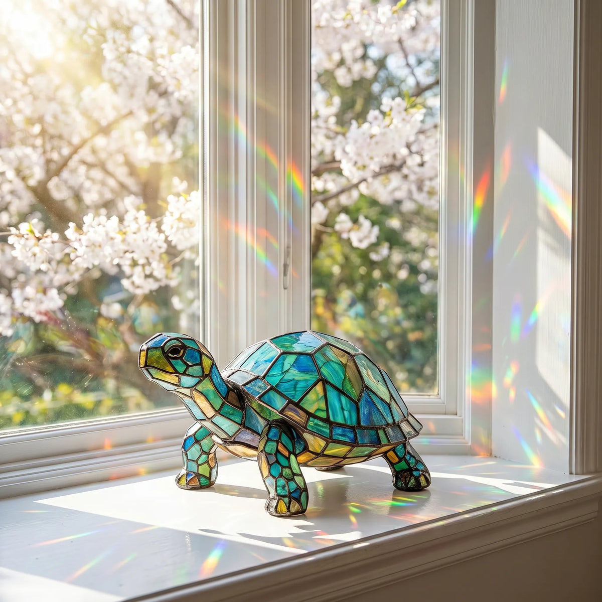 Handmade Stained-Glass Turtle Display on a sunlit windowsill