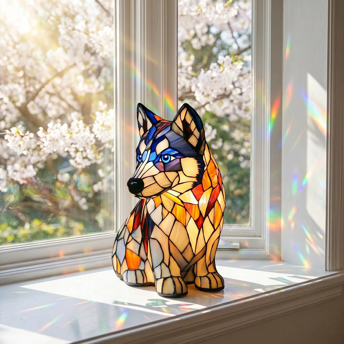Handmade Stained-Glass Warewolf Display on a sunlit windowsill