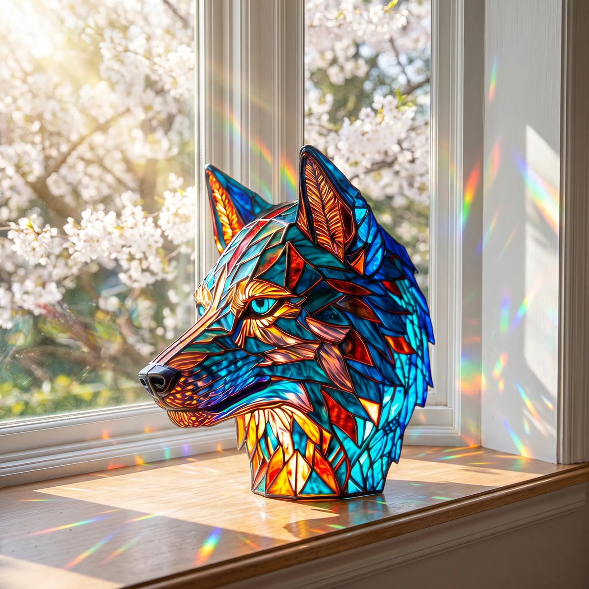 Handmade Stained-Glass Wolf Display on a sunlit windowsill