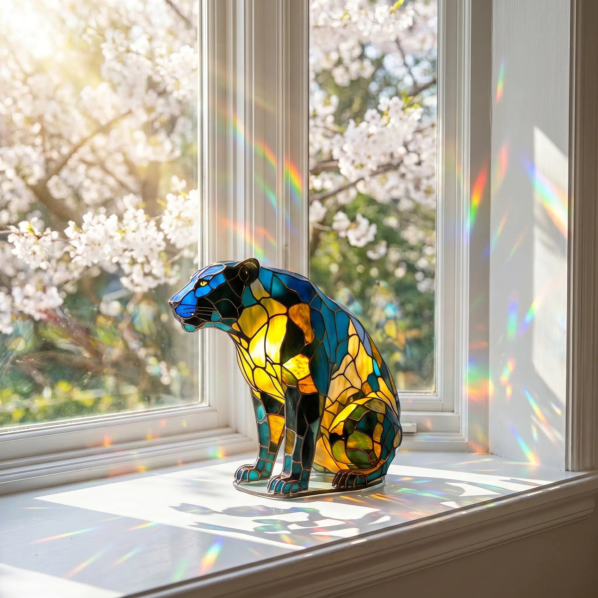 Handmade Stained-Glass Panther Display on a sunlit windowsill