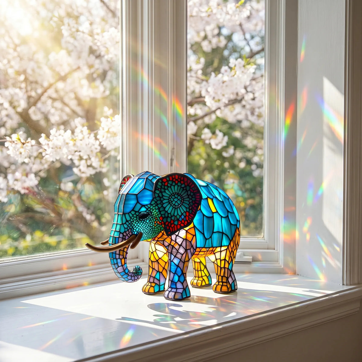 Handmade Stained-Glass Elephant Display on a sunlit windowsill