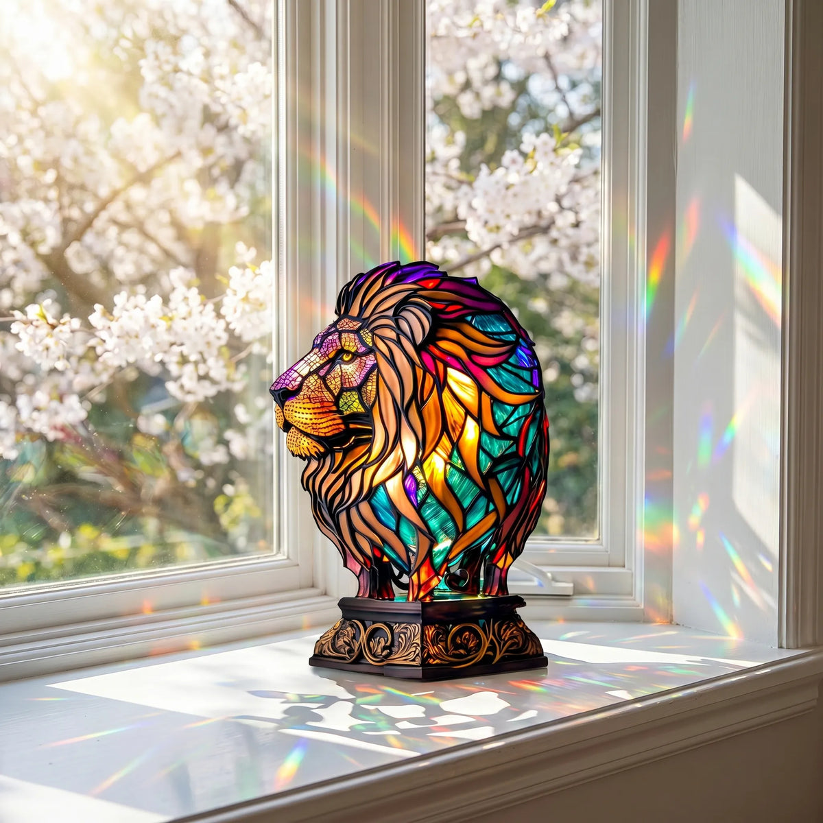 Handmade Stained-Glass Lion Display on a sunlit windowsill