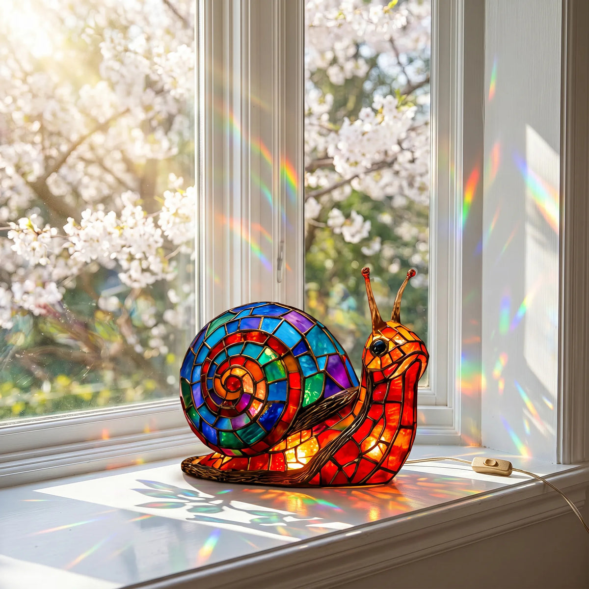Handmade Stained-Glass Slug Display on a sunlit windowsill